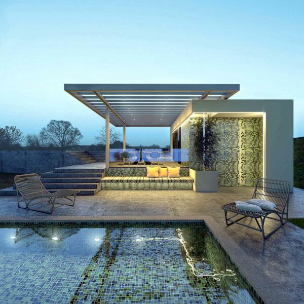 Rendu extérieur de nuit réalisé avec V-Ray pour SketchUp – visualisation architecturale